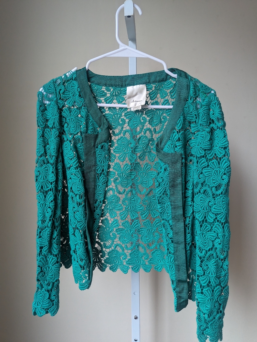 Anthropologie Elevenses green crochet lace jacket size small